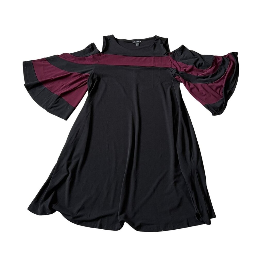 Nina Leonard Womens Cold Shoulder Dress Black Burgundy M Fairygrunge Bell Sleeve